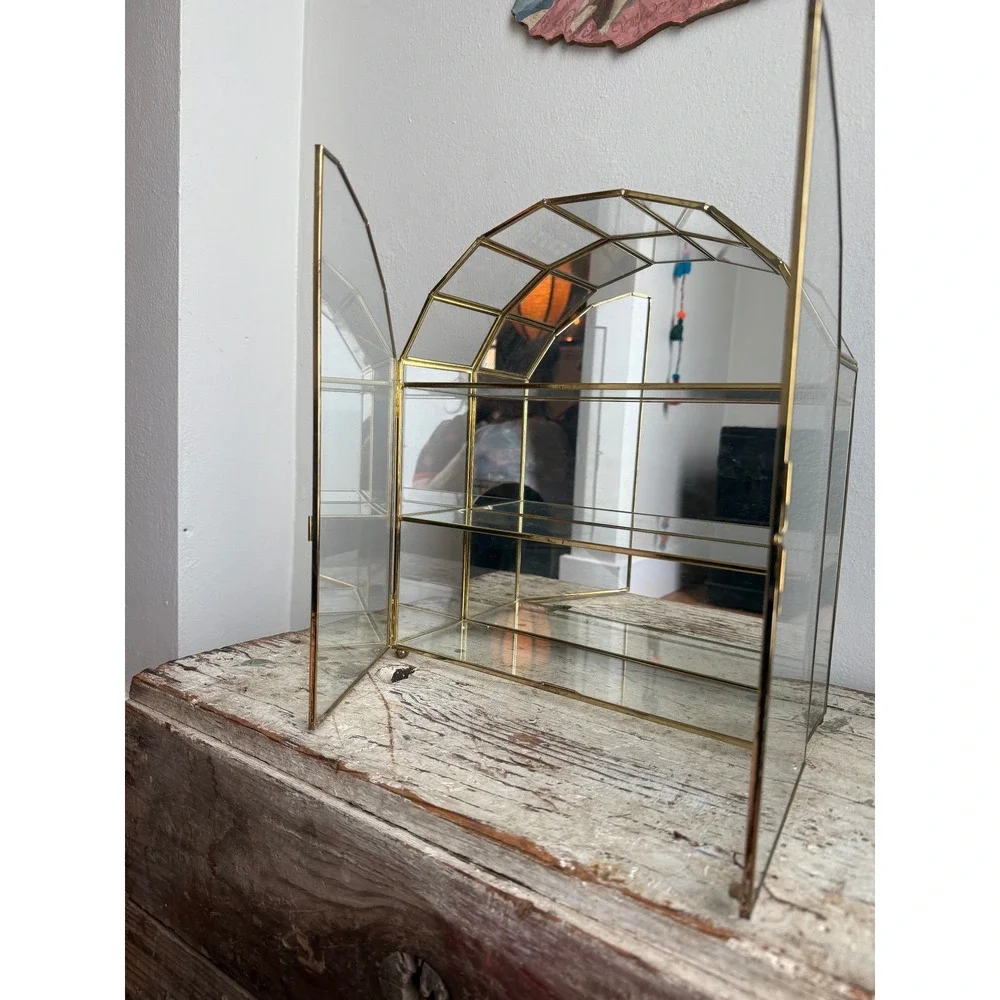 Vintage Franklin Brass Glass Arched Display Case Mirrored Back Curio Cabinet